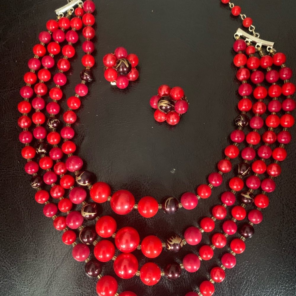 Elegant Red and Purple Beaded Necklace and Earring Set